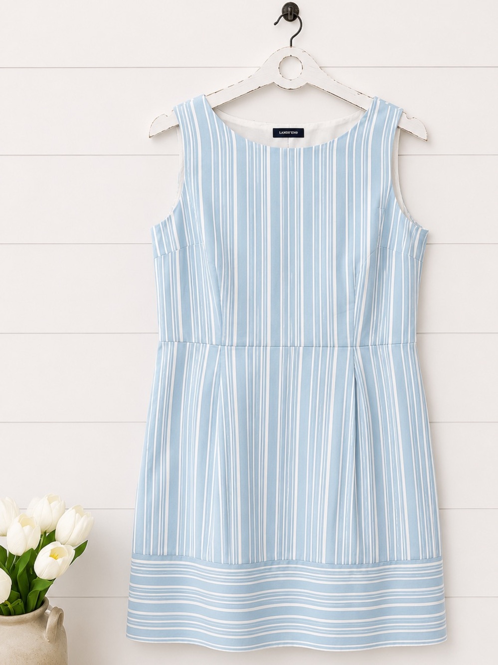 Lands' End Light Blue and White Striped Sleeveless Mini Dress